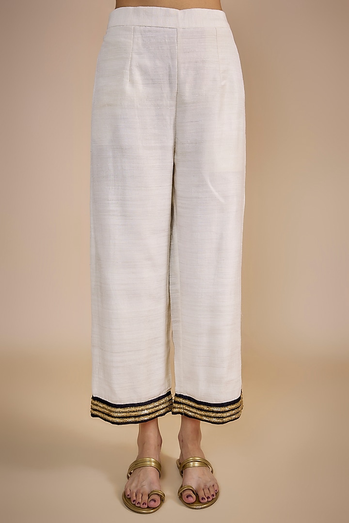 White & Black Organic Silk Zardosi & Patchwork Straight Kurta Set by Bhusattva at Pernia's Pop Up Shop