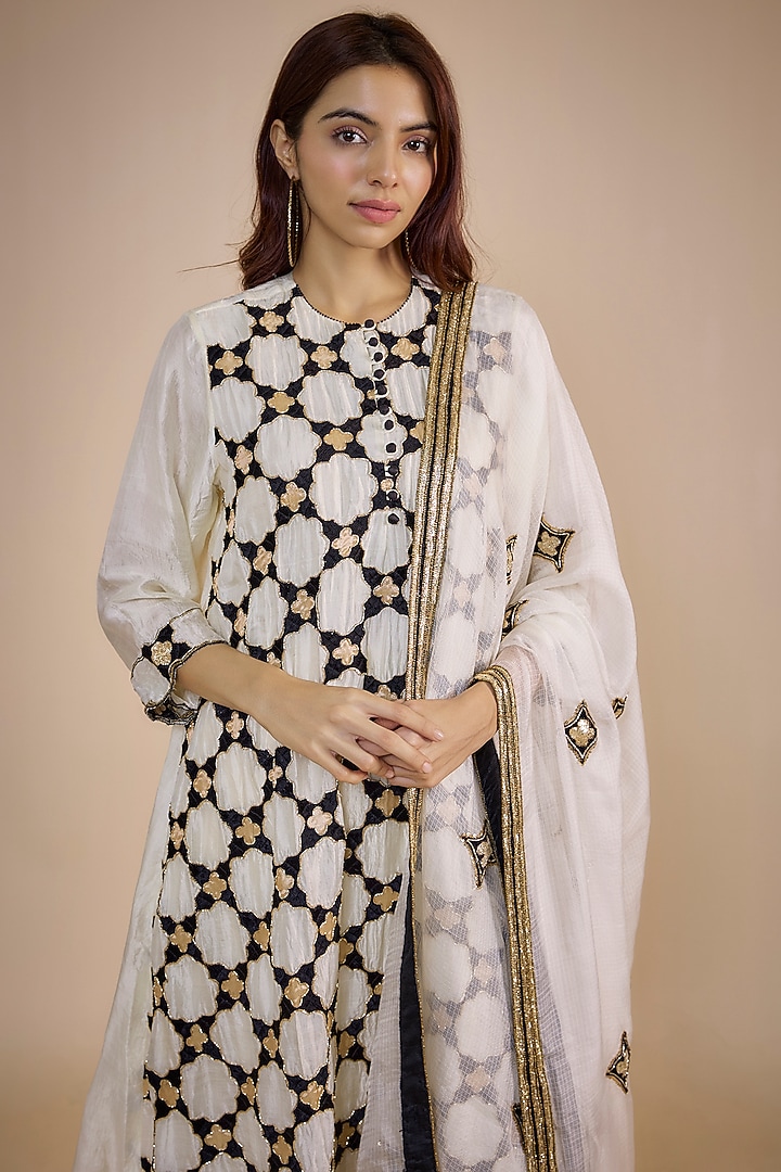 White & Black Organic Silk Zardosi & Patchwork Straight Kurta Set by Bhusattva at Pernia's Pop Up Shop