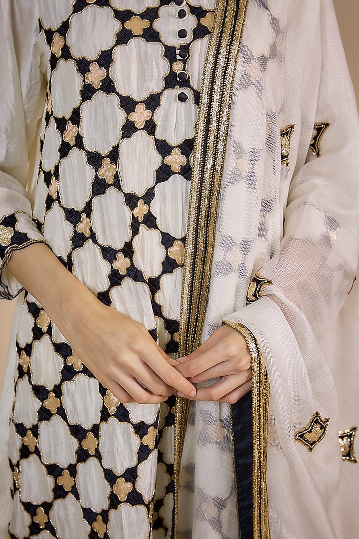 White & Black Organic Silk Zardosi & Patchwork Straight Kurta Set by Bhusattva at Pernia's Pop Up Shop
