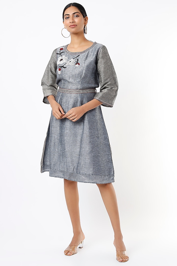 Grey-Blue Embroidered Dress by Bhusattva