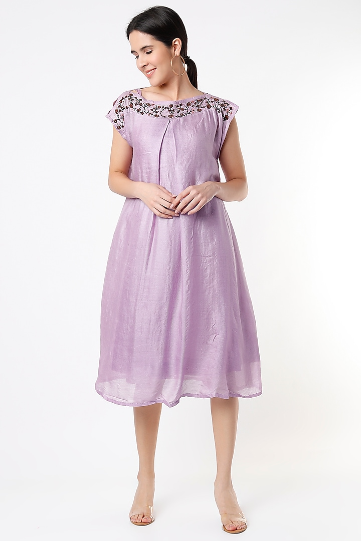 Lilac Embroidered Pleated Dress by Bhusattva