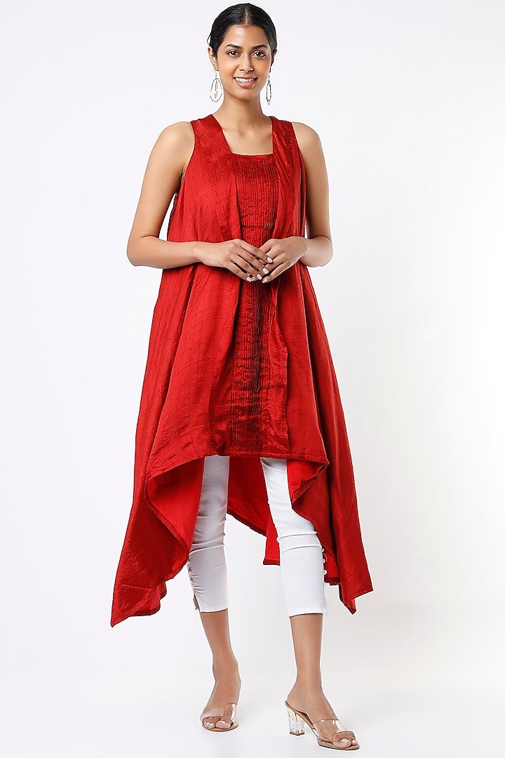 Red Asymmetrical Pleated Tunic by Bhusattva
