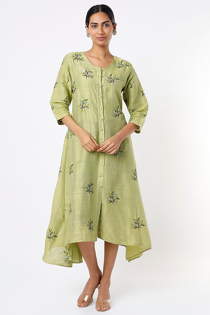 Lime Green Hand Embroidered Asymmetrical Dress by Bhusattva