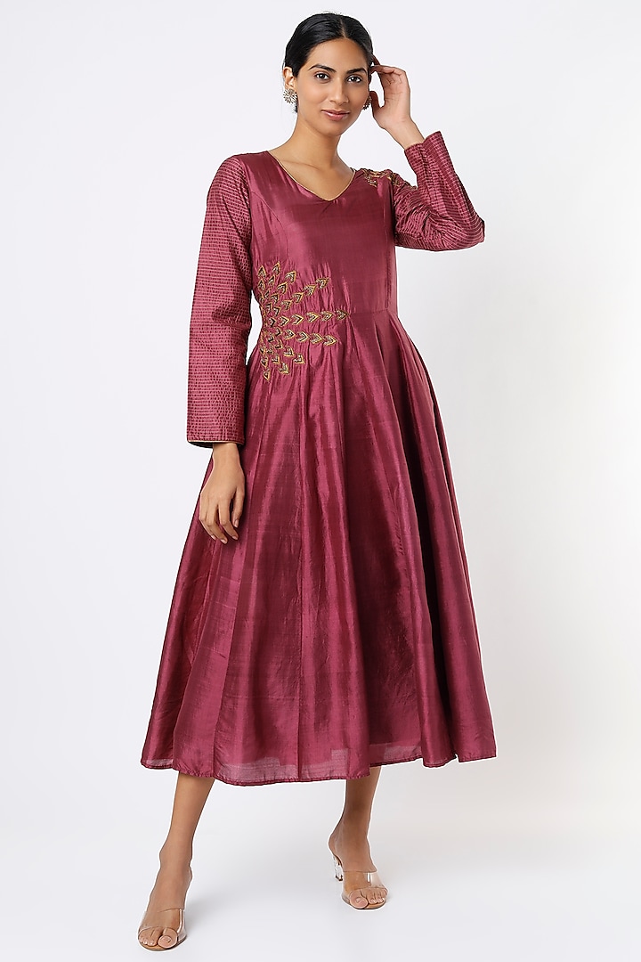 Deep Mulberry Hand Embroidered Flared Dress by Bhusattva