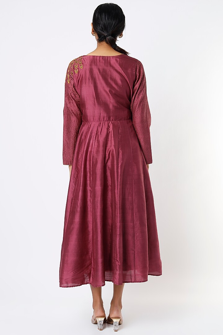 Deep Mulberry Hand Embroidered Flared Summer Dress by Bhusattva at Pernia's Pop Up Shop