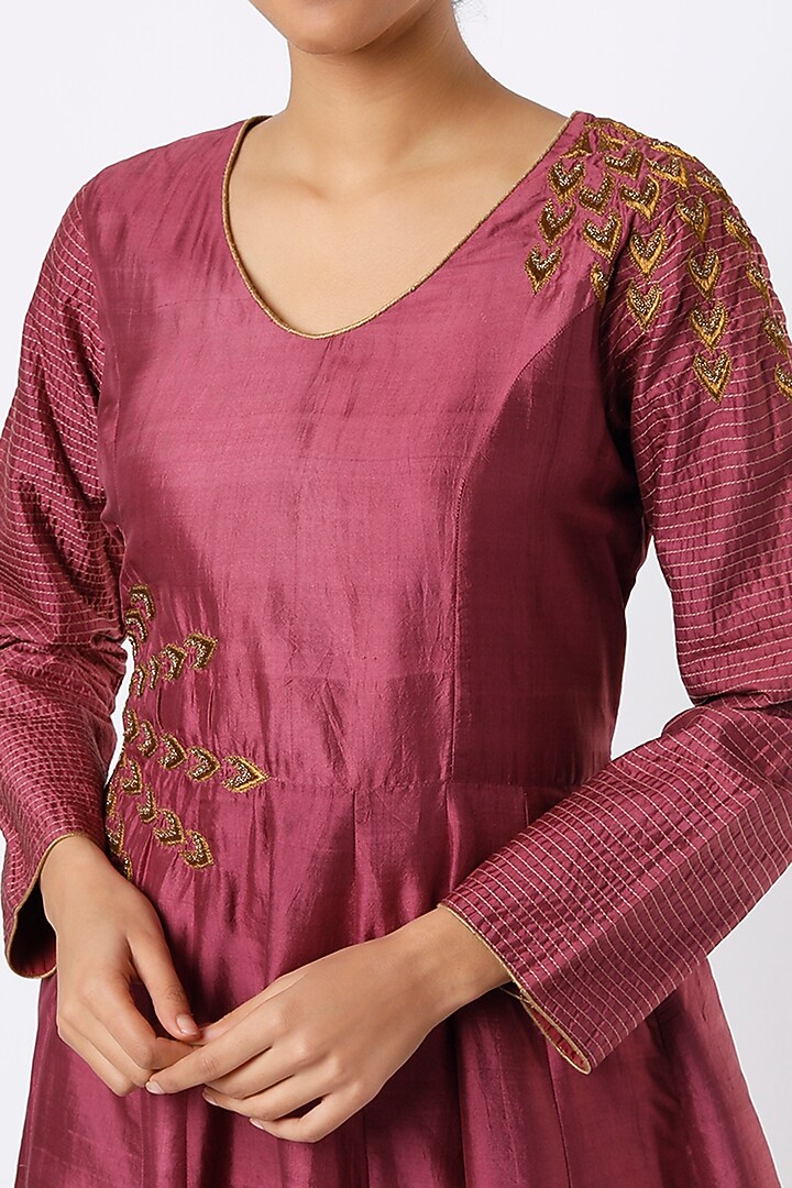 Deep Mulberry Hand Embroidered Flared Summer Dress by Bhusattva at Pernia's Pop Up Shop