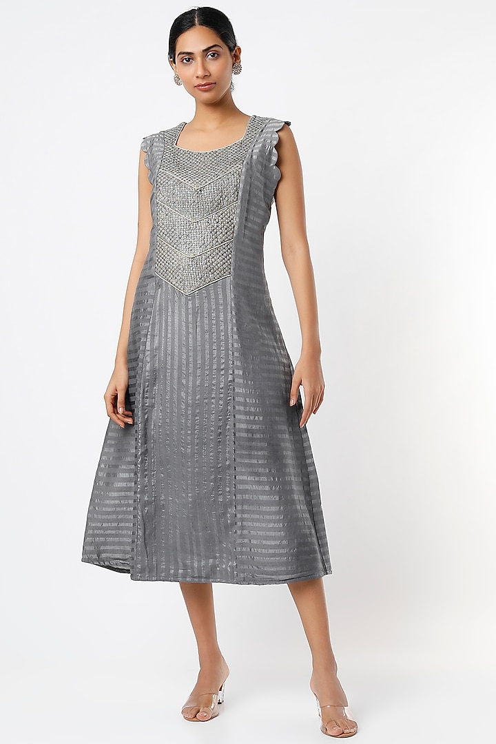 Grey Hand Embroidered Dress by Bhusattva