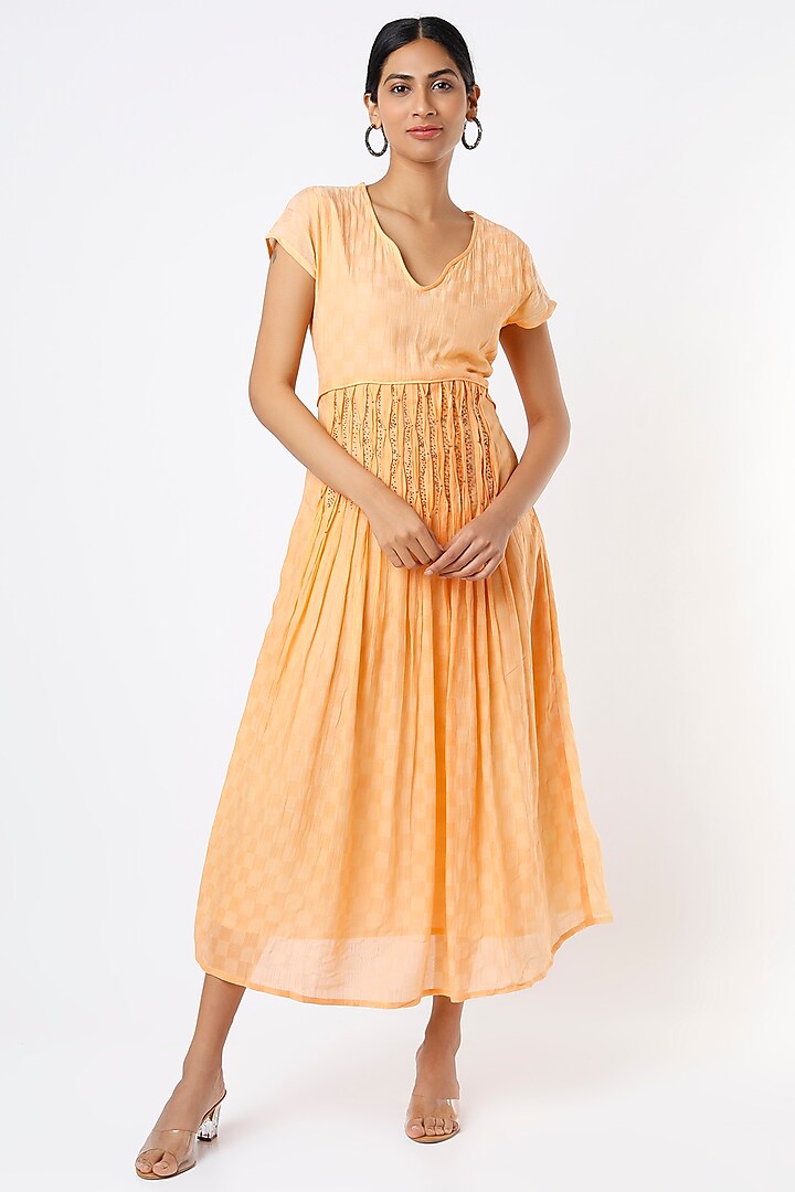 Fresh Peach Hand Embroidered Flared Dress by Bhusattva