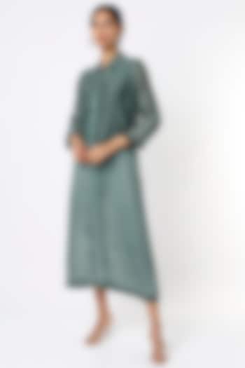 Dull Teal Hand Embroidered Summer Shirt Dress by Bhusattva at Pernia's Pop Up Shop