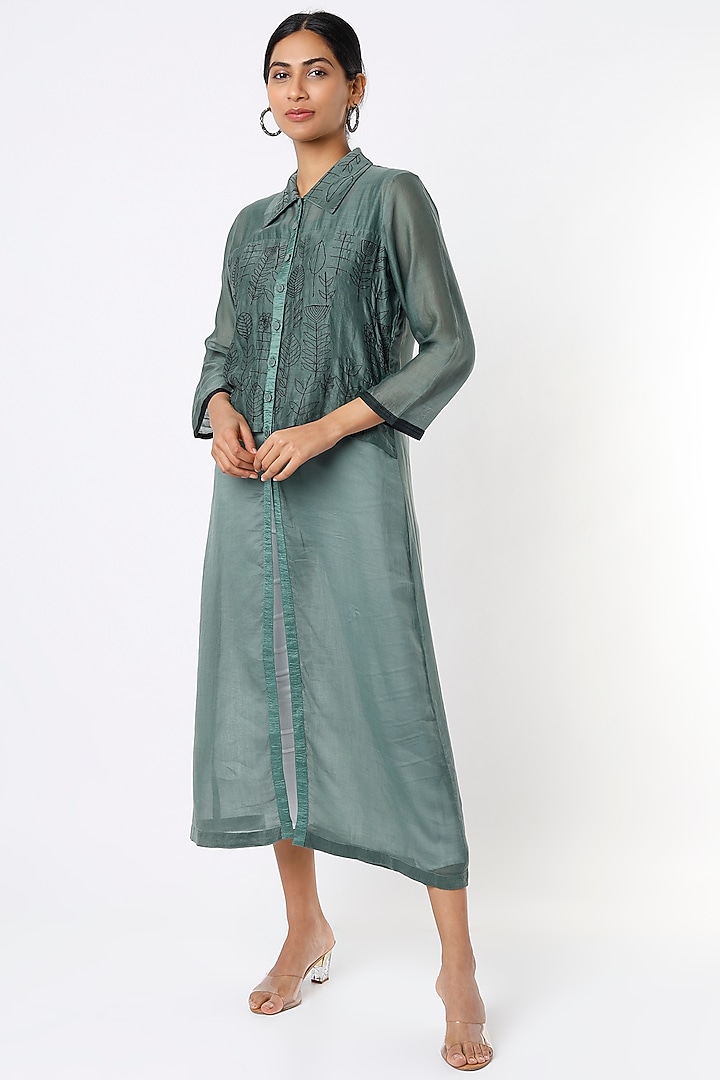 Dull Teal Hand Embroidered Summer Shirt Dress by Bhusattva at Pernia's Pop Up Shop