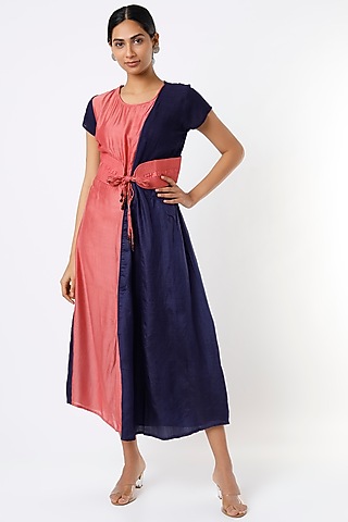 Faded Red & Medieval Blue Organic Silk Dress by Bhusattva