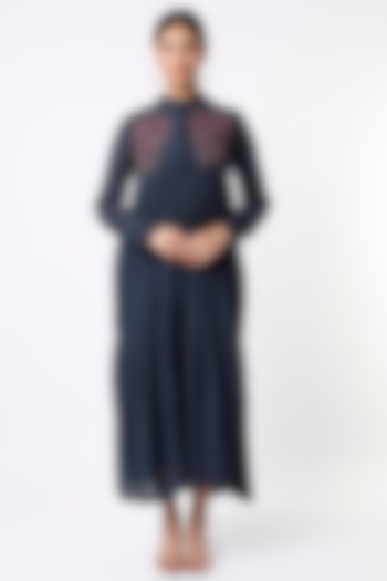 Ink Blue Hand Embroidered Tiered Vacation Dress by Bhusattva at Pernia's Pop Up Shop