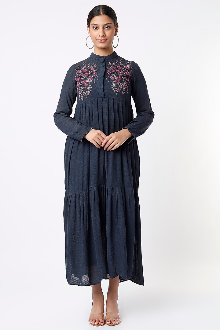 Ink Blue Hand Embroidered Tiered Vacation Dress by Bhusattva at Pernia's Pop Up Shop