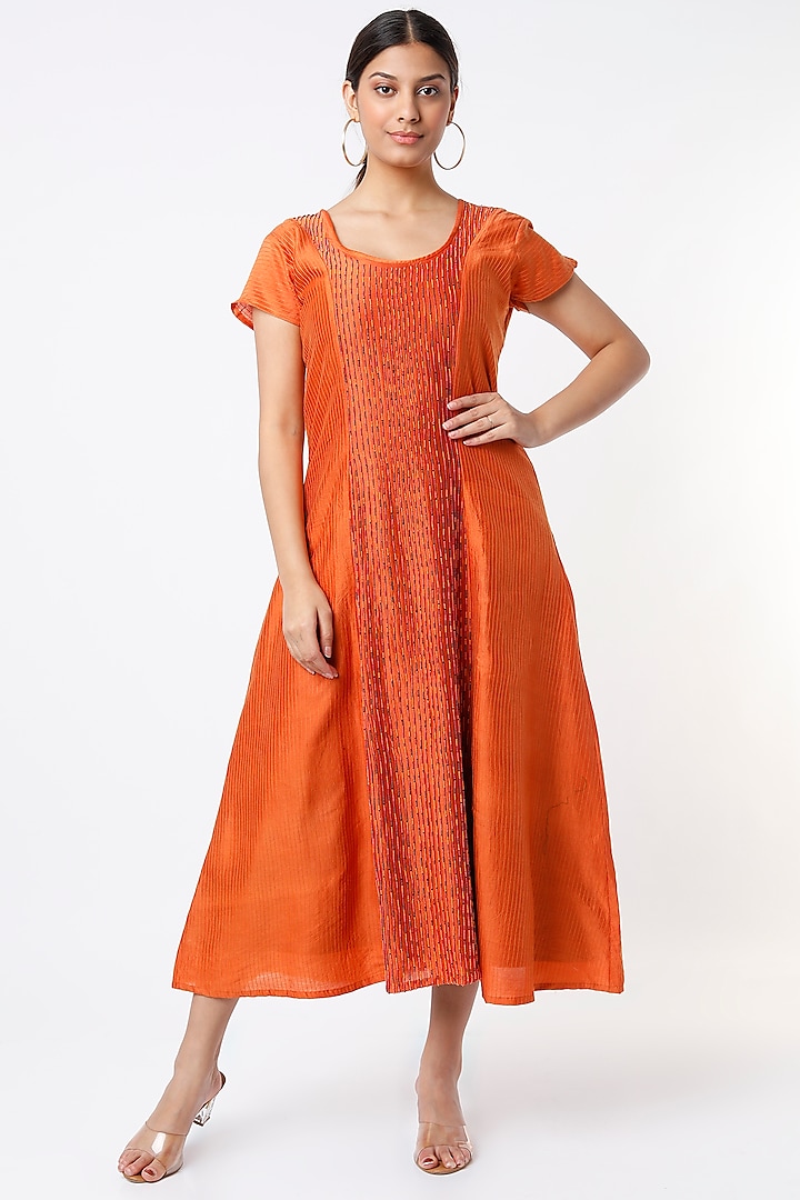Orange Hand Embroidered Dress by Bhusattva