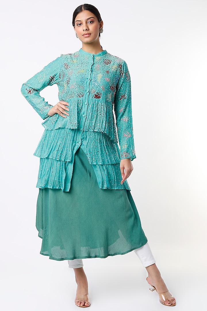 Teal Green Organic Cotton Silk Jacket & Inner by Bhusattva