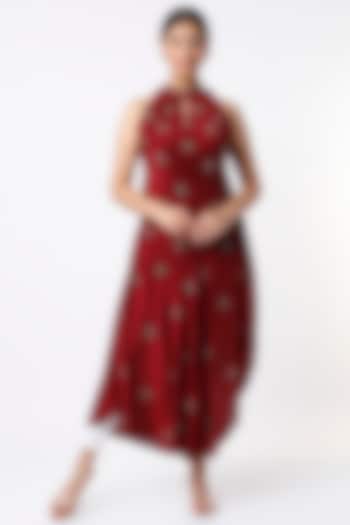 Maroon Hand Embroidered Asymmetrical Vacation Dress by Bhusattva at Pernia's Pop Up Shop