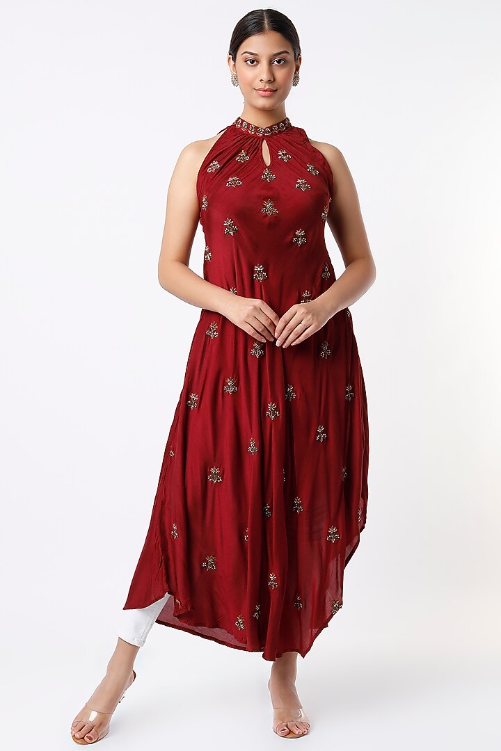 Maroon Hand Embroidered Asymmetrical Vacation Dress by Bhusattva at Pernia's Pop Up Shop