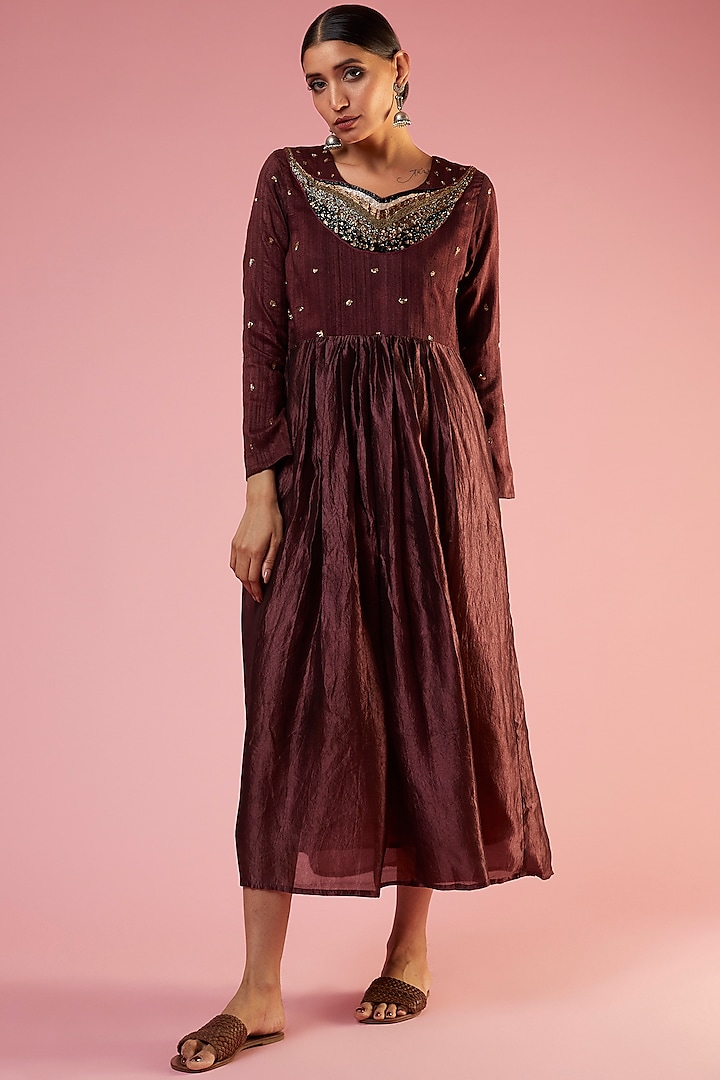 Burgundy Organic Silk Embellished Gathered Midi Dress by Bhusattva