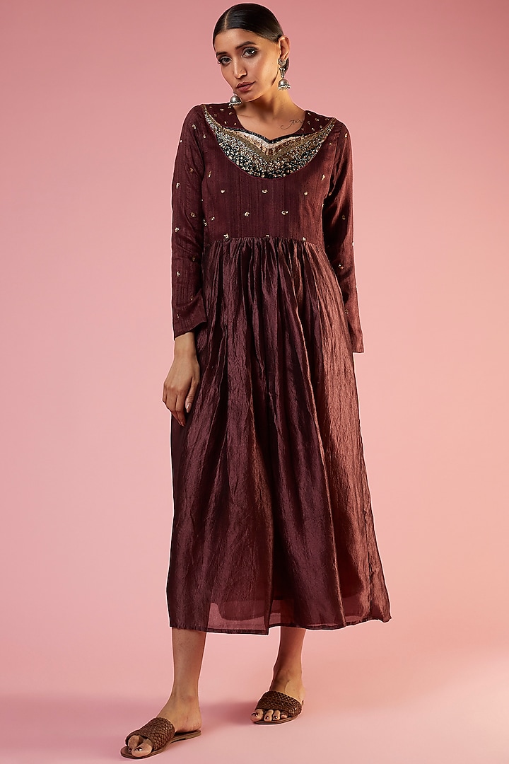 Burgundy Organic Silk Embellished Gathered Midi Dress by Bhusattva at Pernia's Pop Up Shop