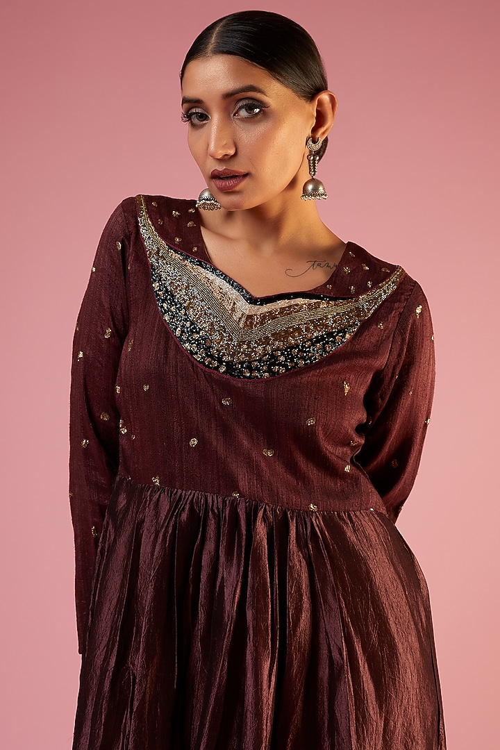 Burgundy Organic Silk Embellished Gathered Midi Vacation Dress by Bhusattva at Pernia's Pop Up Shop