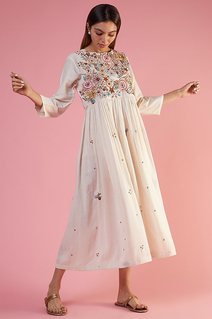 White Organic Silk Hand Embroidered Midi Dress by Bhusattva