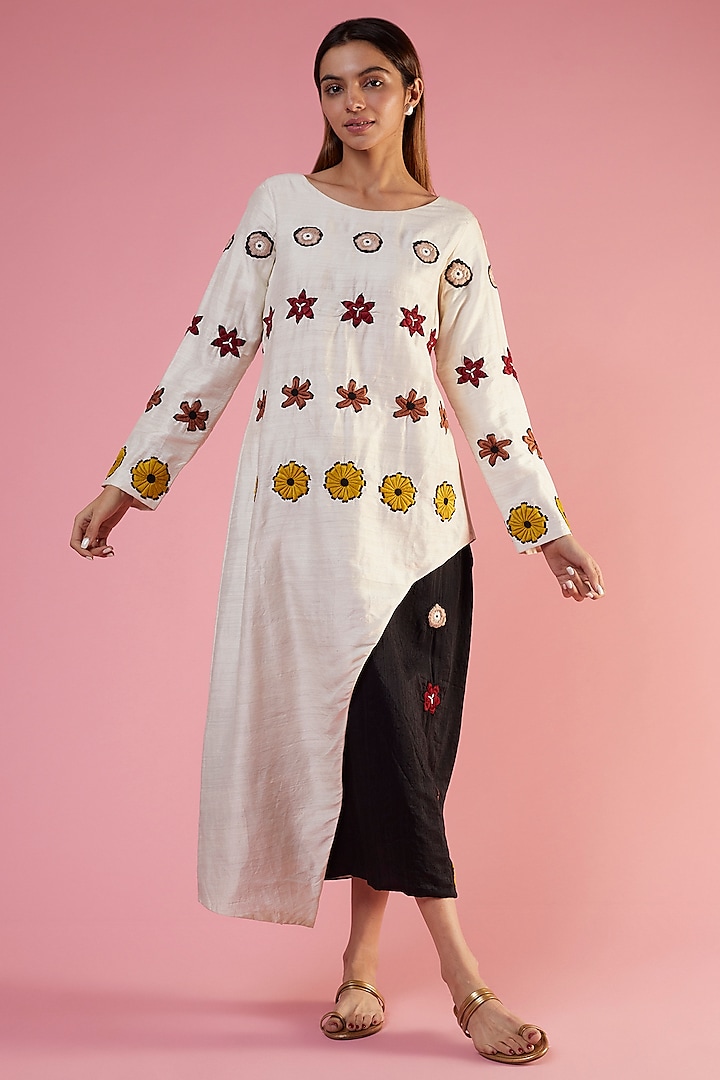 White Organic Silk Thread Hand Embroidered Dress by Bhusattva