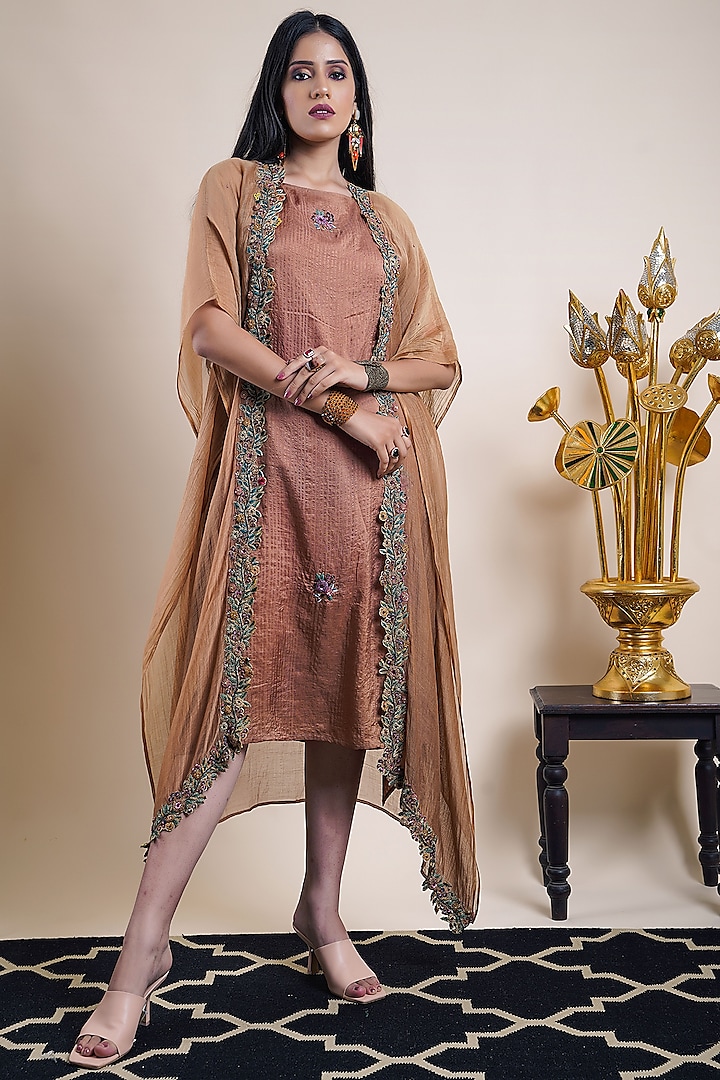 Dark Beige Organic Silk & Organic Cotton Silk Embroidered Jacket Dress by Bhusattva at Pernia's Pop Up Shop