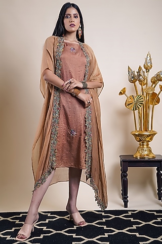 Dark Beige Organic Silk & Organic Cotton Silk Embroidered Jacket Dress by Bhusattva
