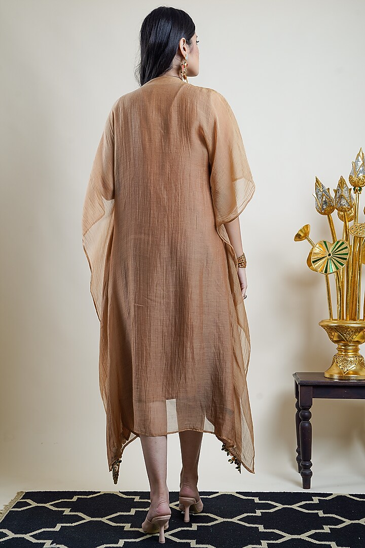 Dark Beige Organic Silk & Organic Cotton Silk Embroidered Jacket Cocktail Dress by Bhusattva at Pernia's Pop Up Shop