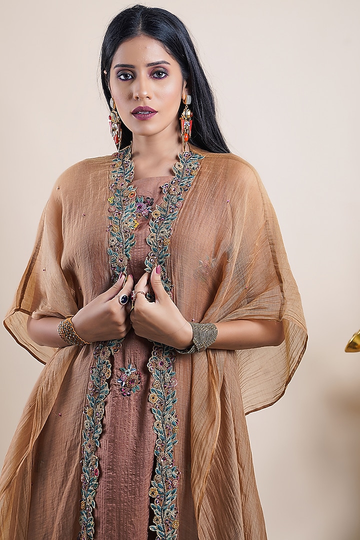 Dark Beige Organic Silk & Organic Cotton Silk Embroidered Jacket Cocktail Dress by Bhusattva at Pernia's Pop Up Shop