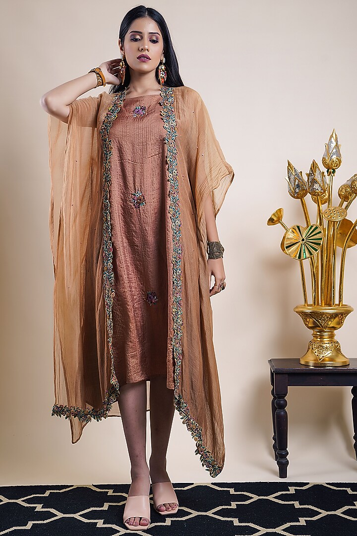 Dark Beige Organic Silk & Organic Cotton Silk Embroidered Jacket Cocktail Dress by Bhusattva at Pernia's Pop Up Shop