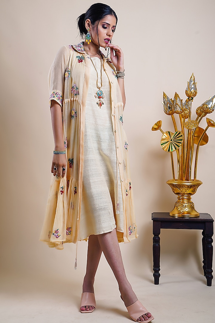 Beige Organic Cotton Silk Embroidered Jacket Dress by Bhusattva