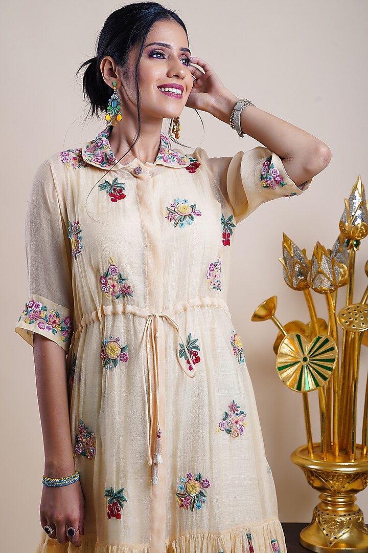 Beige Organic Cotton Silk Embroidered Jacket Cocktail Dress by Bhusattva at Pernia's Pop Up Shop