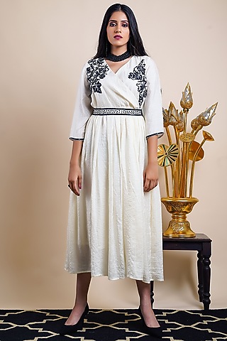 White Organic Silk Embroidered Dress by Bhusattva