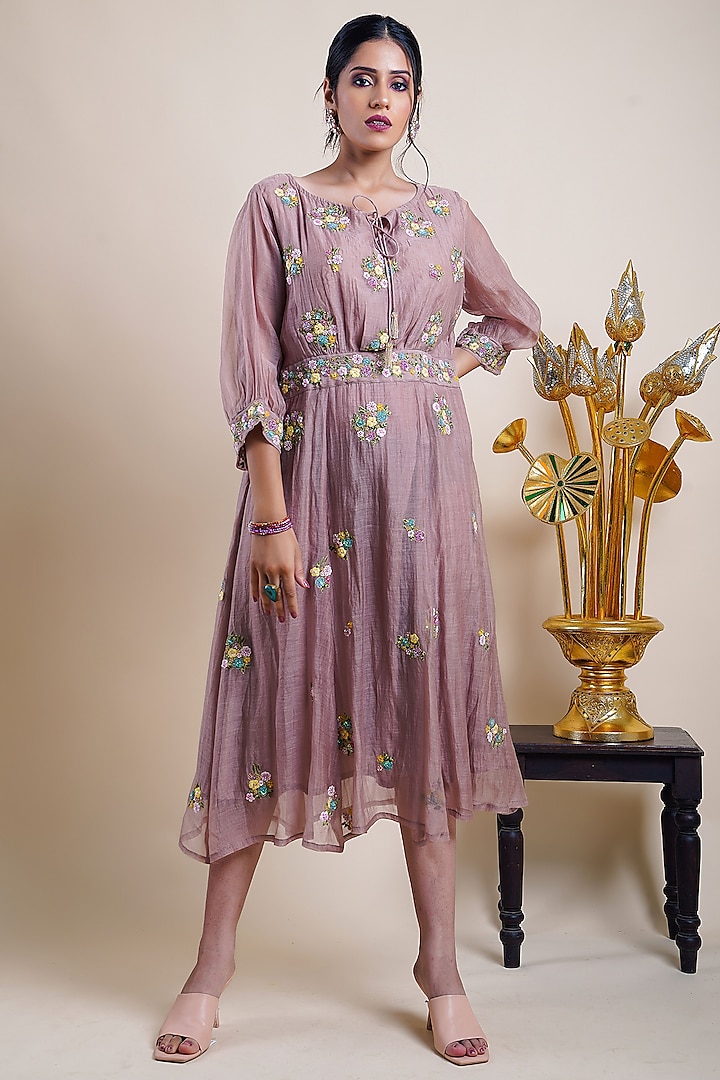 Beige Organic Silk Embroidered Dress by Bhusattva