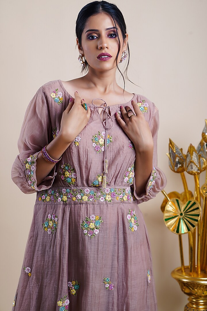Beige Organic Silk Embroidered Vacation Dress by Bhusattva at Pernia's Pop Up Shop