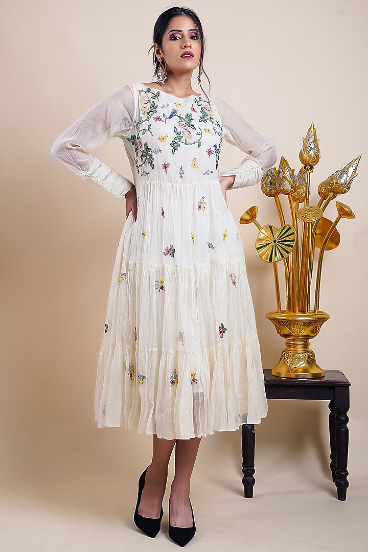 White Organic Cotton Silk Embroidered Vacation Dress by Bhusattva at Pernia's Pop Up Shop