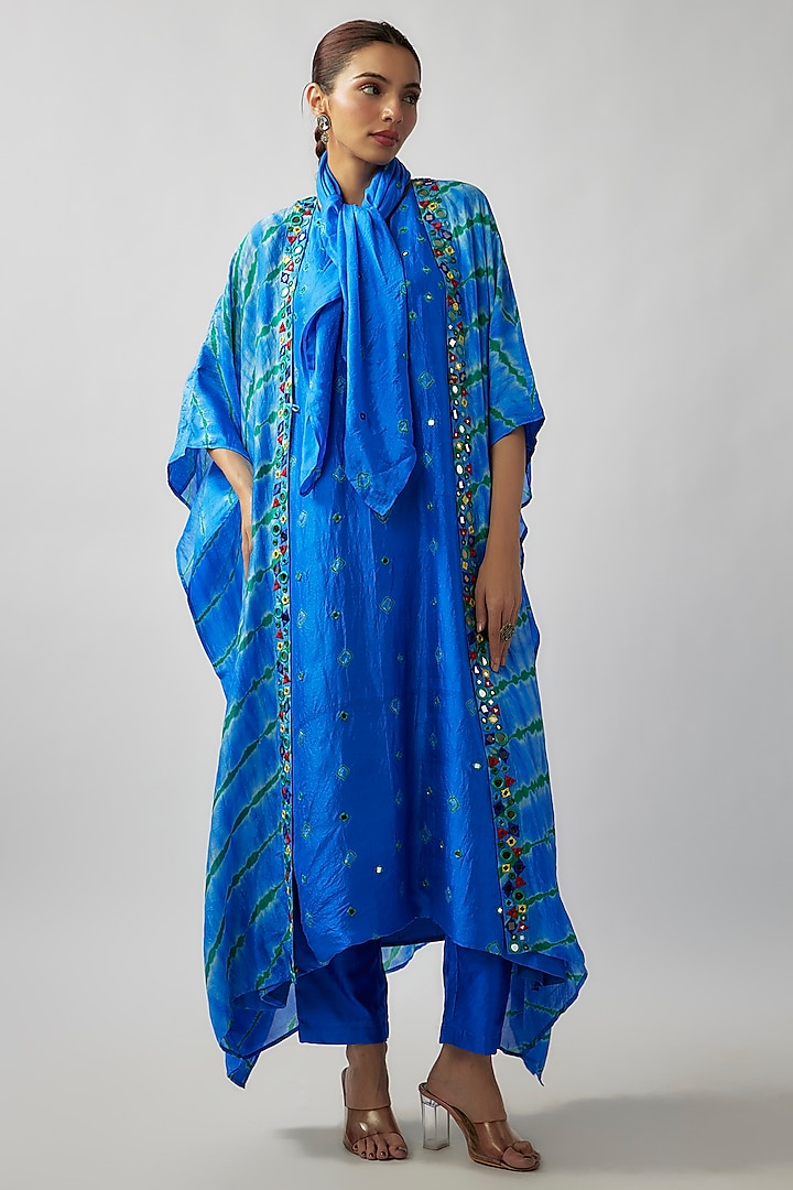 Blue & Green Organic Silk Resham & Mirror Hand Embroidered Leheriya Jacket Set by Bhusattva