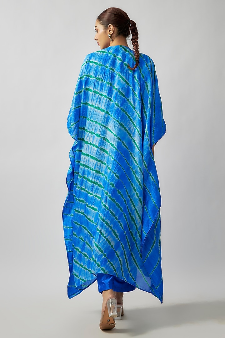 Blue & Green Organic Silk Resham & Mirror Hand Embroidered Leheriya Jacket Set by Bhusattva at Pernia's Pop Up Shop