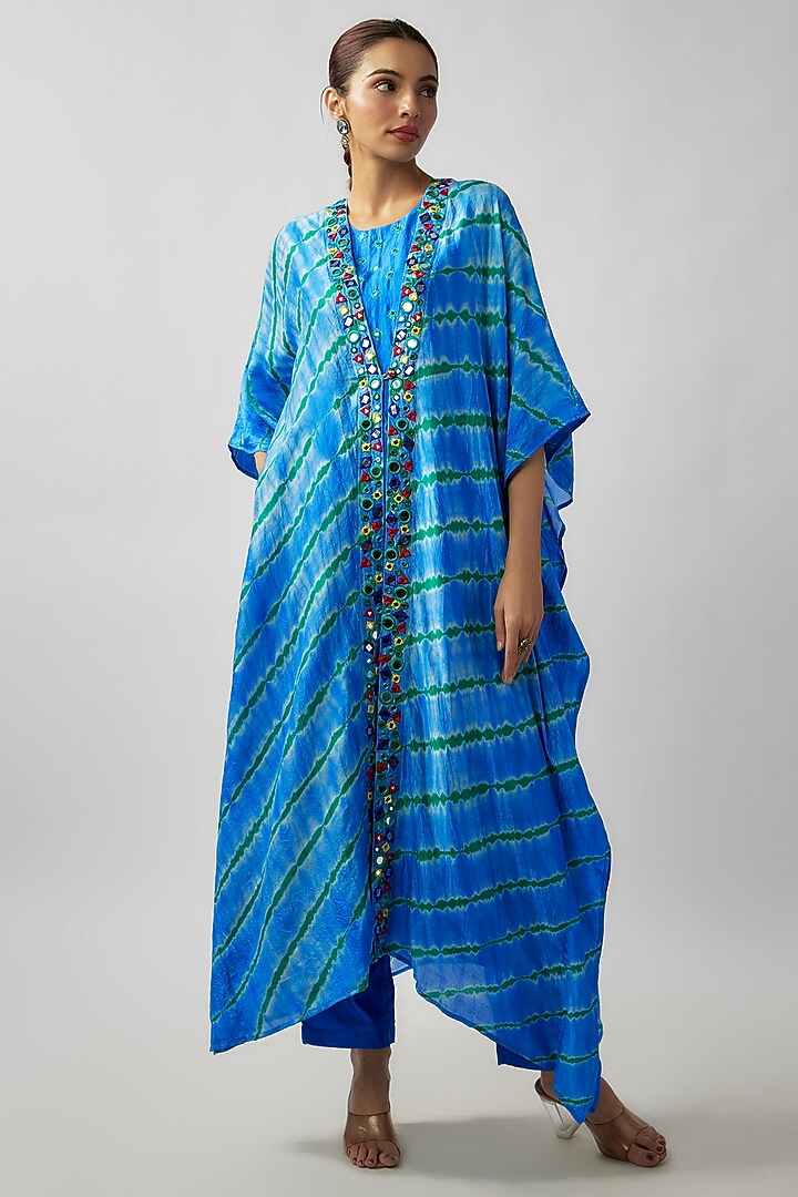 Blue & Green Organic Silk Resham & Mirror Hand Embroidered Leheriya Jacket Set by Bhusattva at Pernia's Pop Up Shop