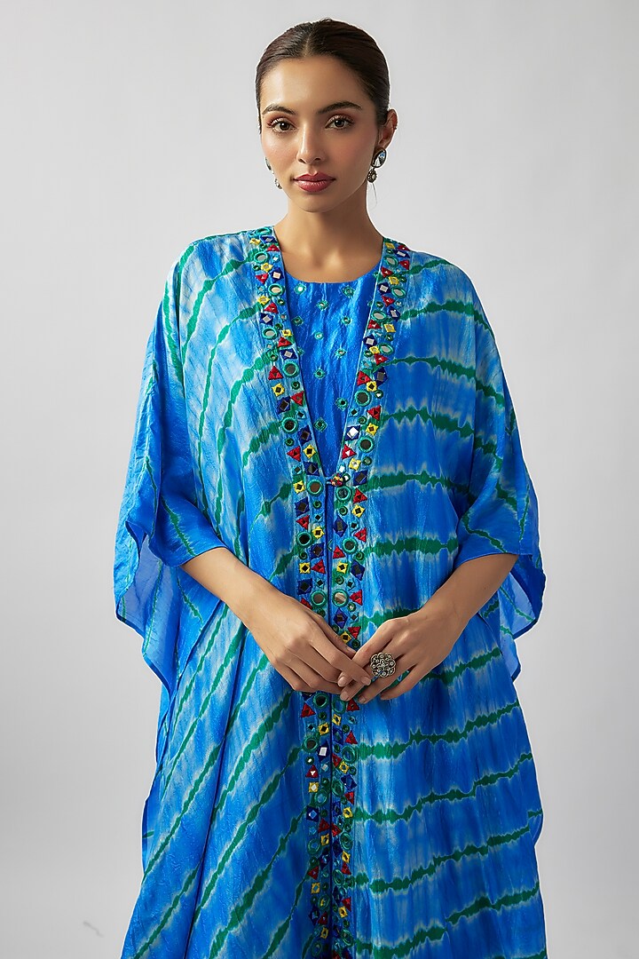 Blue & Green Organic Silk Resham & Mirror Hand Embroidered Leheriya Jacket Set by Bhusattva at Pernia's Pop Up Shop