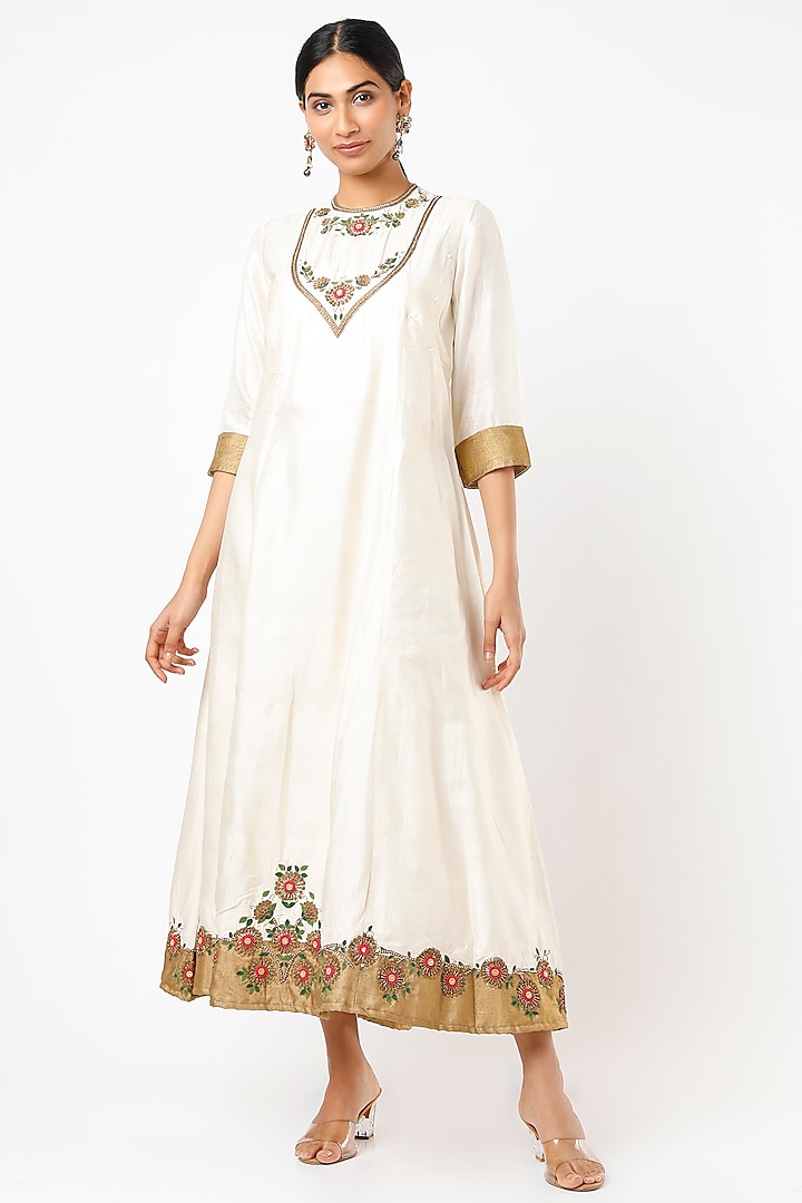 Off-White Hand Embroidered Maxi Dress by Bhusattva