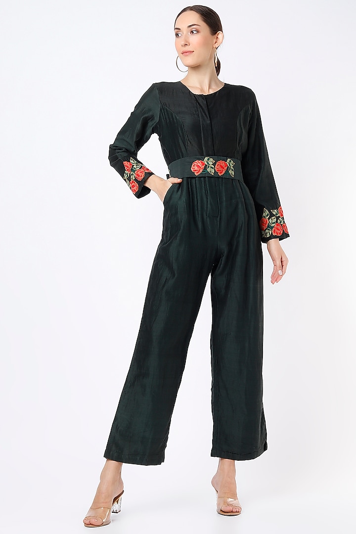 Black Cotton Silk Jumpsuit With Belt by Bhusattva