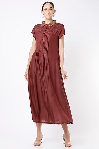 Maroon Hand Embroidered Midi Dress by Bhusattva
