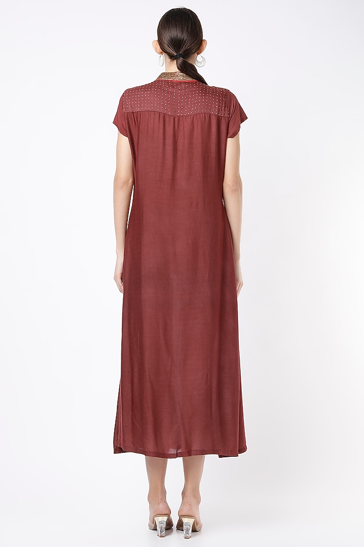 Maroon Hand Embroidered Midi Summer Dress by Bhusattva at Pernia's Pop Up Shop