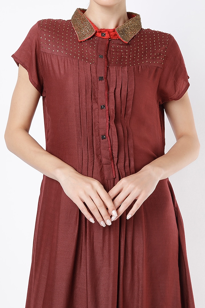 Maroon Hand Embroidered Midi Summer Dress by Bhusattva at Pernia's Pop Up Shop