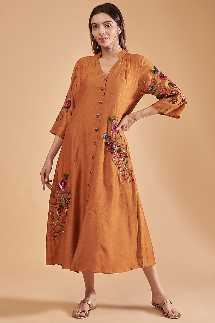 Tangerine Organic Silk Embroidered Dress by Bhusattva