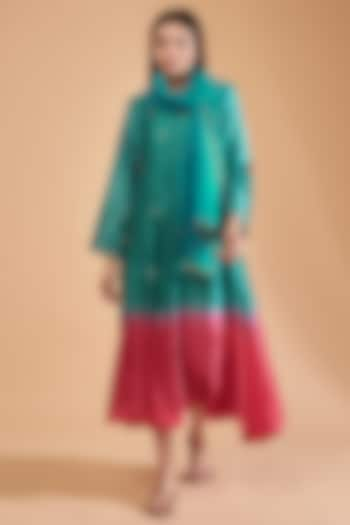 Emerald Green & Pink Ombre Organic Silk Embroidered Dress by Bhusattva at Pernia's Pop Up Shop