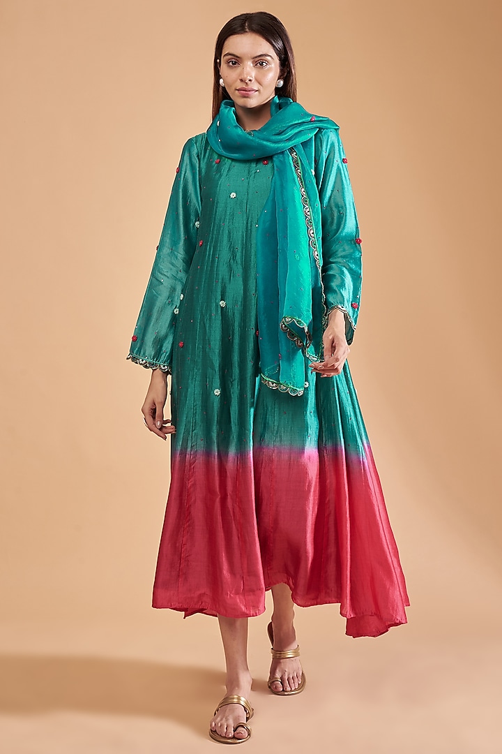 Emerald Green & Pink Ombre Organic Silk Embroidered Dress by Bhusattva at Pernia's Pop Up Shop