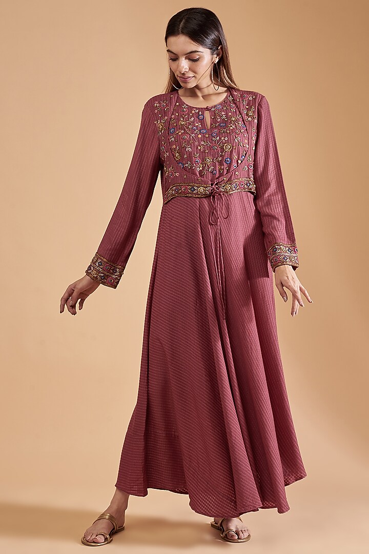 Magenta Organic Silk Embroidered Dress by Bhusattva